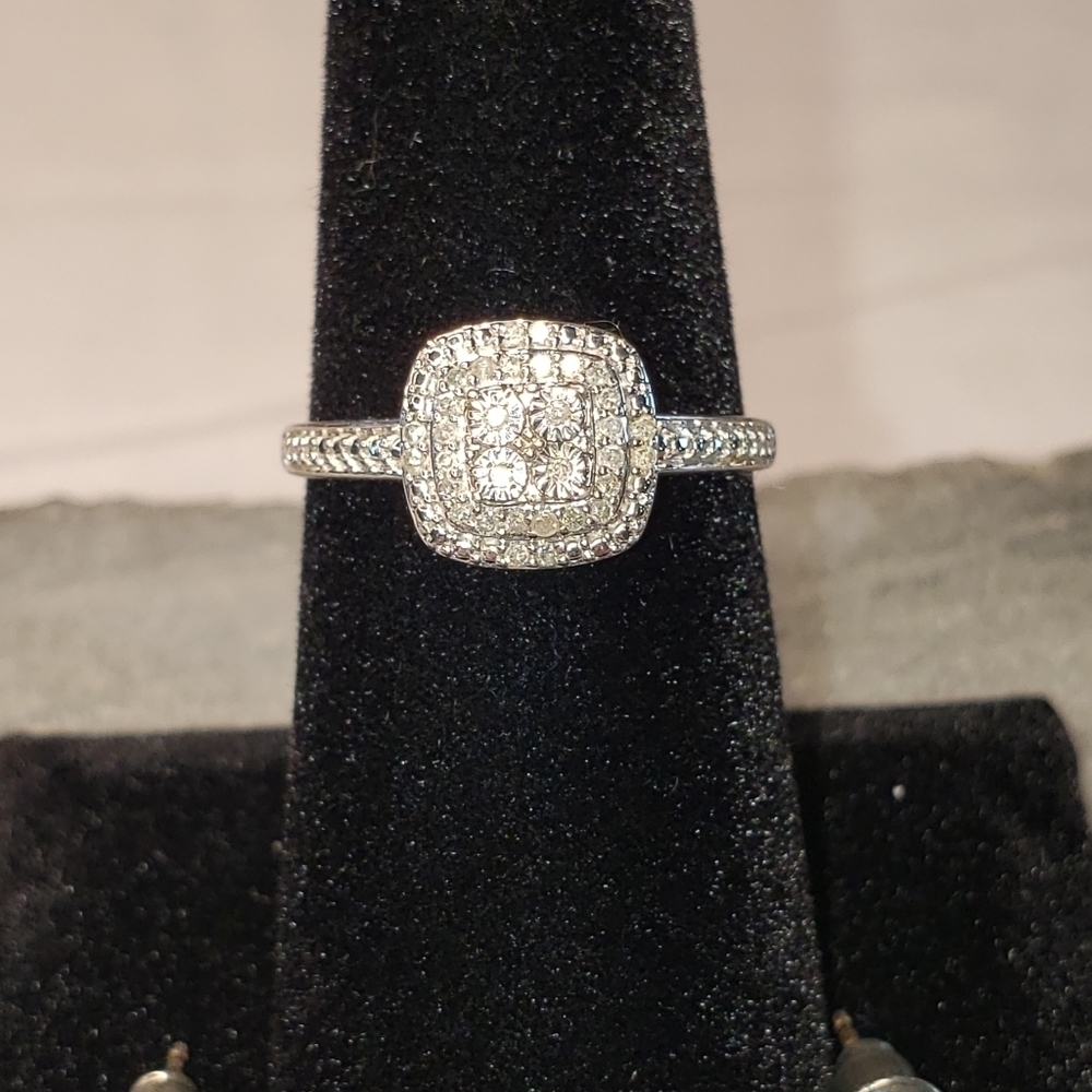 DIAMOND and sterling silver halo ring and halo earrings - Picture 2 of 8